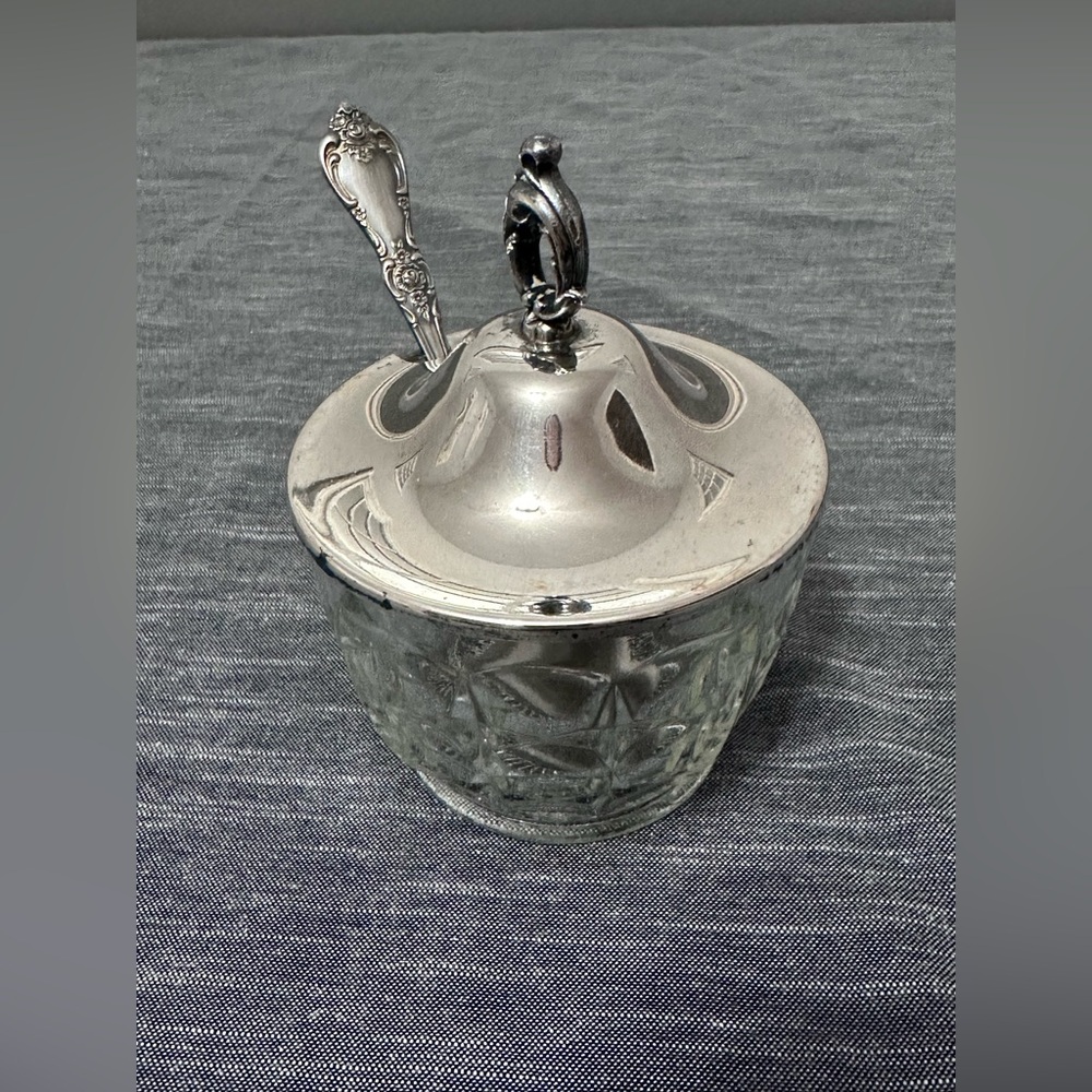Vintage Cut Glass & Silver Plated Lid Condiment Sugar Dish with Spoon